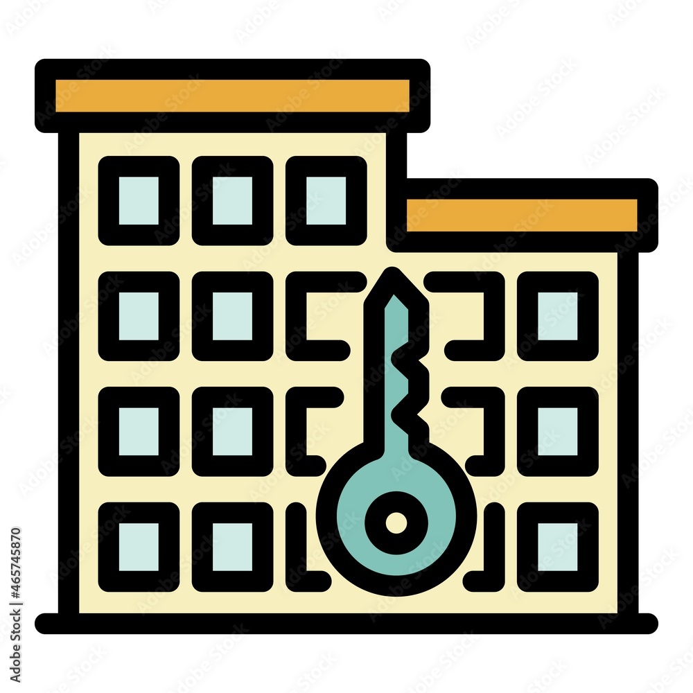 Poster building and key icon. outline building and key vector icon color flat isolated