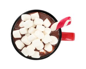 Cup of delicious hot chocolate with marshmallows and candy cane isolated on white, top view