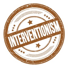 INTERVENTIONISM text on brown round grungy stamp.