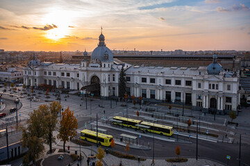 Naklejka premium View on railway station in lviv from drone