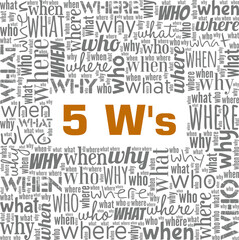 Five W's - Who, Where, Why, What, When vector illustration word cloud isolated on white background.