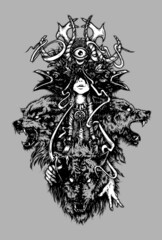 The shaman girl. Wolves and crows, witchcraft. Hand drawing for T-shirt or tattoo