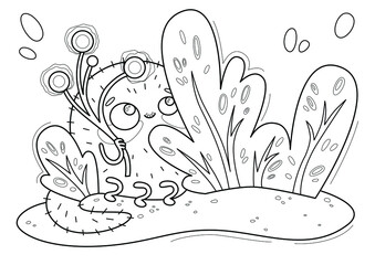 Cartoon page for coloring book with little cute monster, hand-drawn vector illustration.