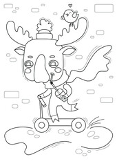 Cartoon page for coloring book with a moose on a scooter, hand-drawn vector illustration.