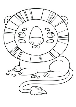 Cartoon page for coloring book with lion, hand-drawn vector illustration.