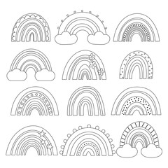 Coloring page with boho style rainbows. Hand drawn doodle rainbow, clouds, stars, flowers. Black and white outline vector illustration.