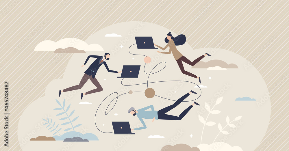 Aufkleber remote workers and distant connection for employees tiny person concept. virtual contacts and flexib