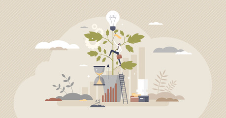 Professional development and career growth or improvement tiny person concept. High ambition and employee potential realization vector illustration. Work progress and talent training to reach goal.