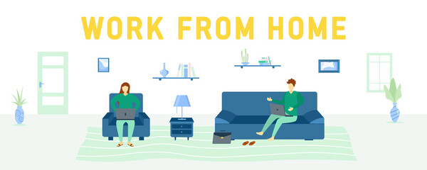 Obraz premium Working from home, coworking space. Characters people at home on quarantine. The concept of work at home self isolation.