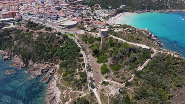 Aerial view of Longonsardo tower or spanish towertaken on summer day Italy Santa Teresa Gallura