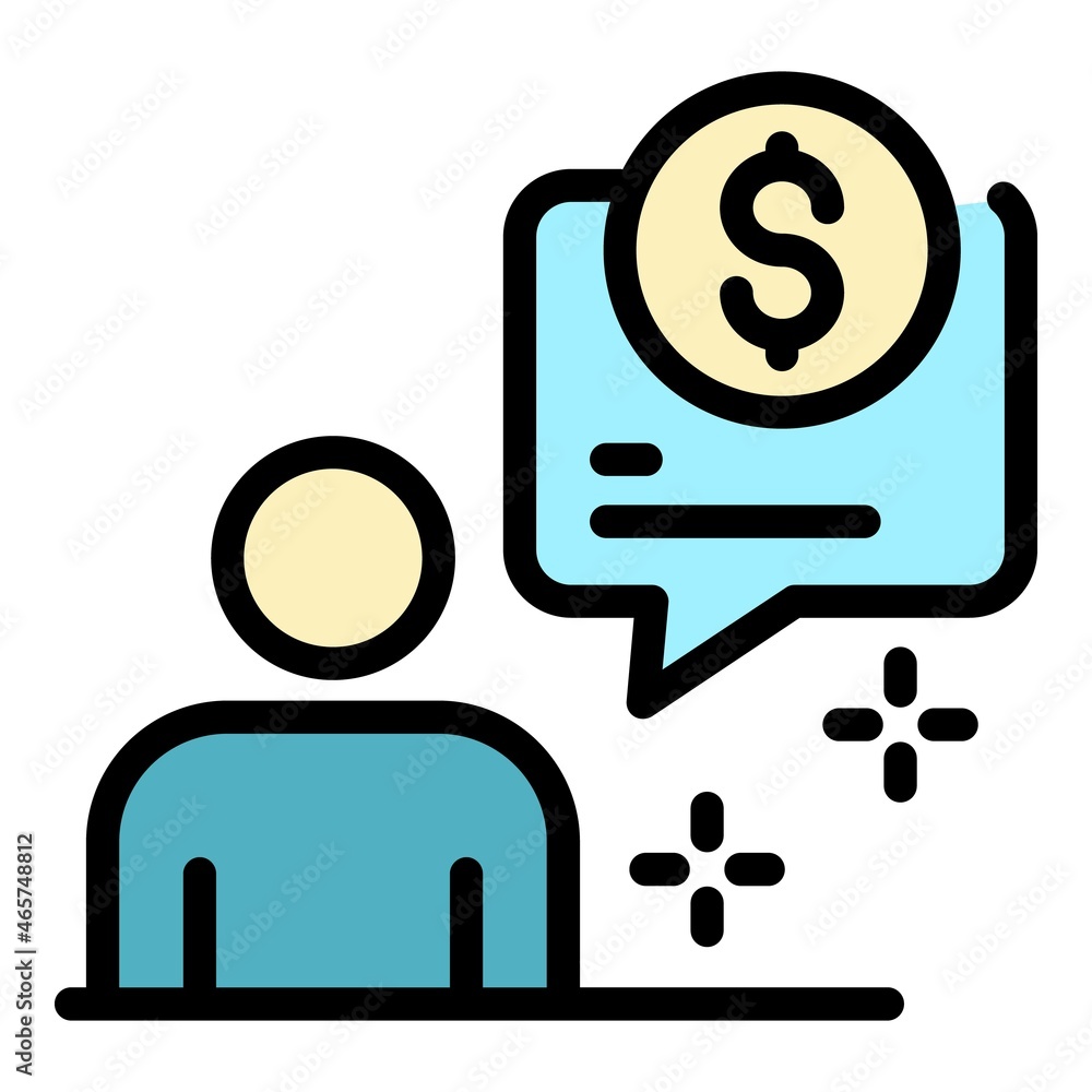 Poster man, bubble and coin icon. outline man, bubble and coin vector icon color flat isolated