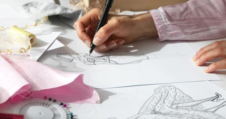 Clothing designer draws sketches on paper in the workplace. The artist creates a model for the dress. Fashion concept.
