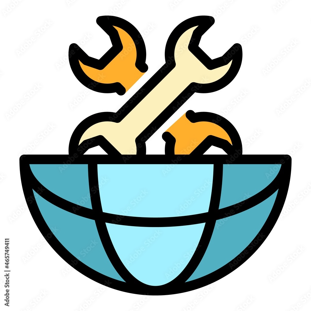 Poster two wrenches in half a globe icon. outline two wrenches in half a globe vector icon color flat isola