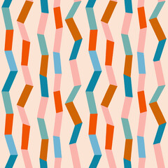 Irregular zig zag with vertical stripes illustration. Contemporary collage seamless pattern in vector with 70s color palette. Vector illustration - 465749864