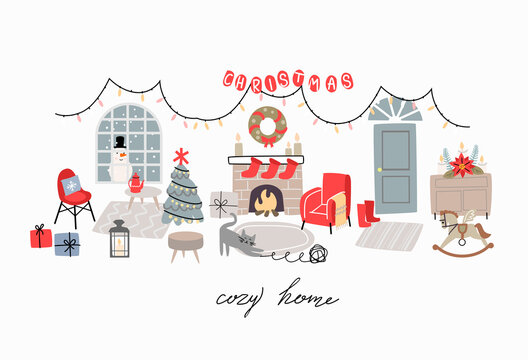 Merry Christmas eve Happy New Year interior. Home Room. Xmas fir tree, gifts fireplace