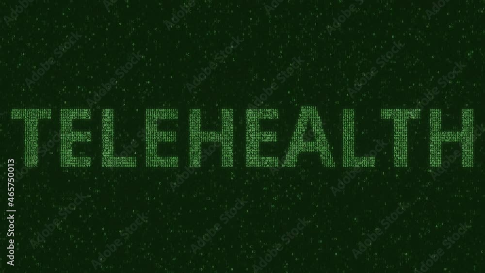 Poster telehealth text consisting of many symbols on computer monitor. 3d animation