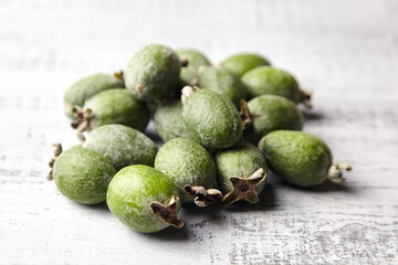 Feijoa fruits or pineapple guava on wooden table