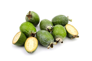 Feijoa fruit or whole and half pineapple guava isolated on white