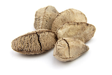 Brazil nuts or Bertholletia excelsa seeds isolated on white
