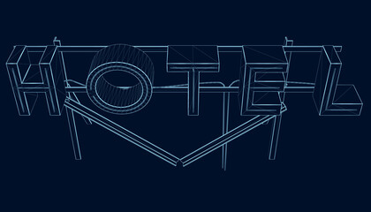 Contour of an advertising rack with the word hotel from blue lines isolated on a dark background. View from above. Vector illustration