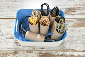 Life hack; Organize cables using toilet paper roll or towel roll

