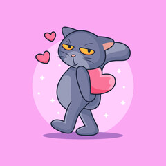 Cute cartoon cat with pink love