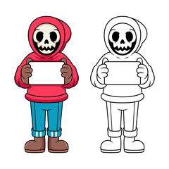 Cute skull with blank sign cartoon