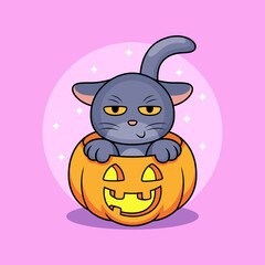 Cute cat with pumpkin head cartoon