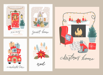 Christmas and Happy New Year set greeting cards with hand calligraphy.
