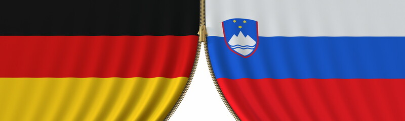 Germany and Slovenia political cooperation or conflict, flags and closing or opening zipper, conceptual 3D rendering