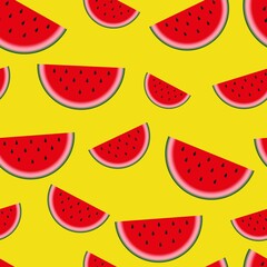 Vector background watermelon with black seeds. Seamless watermelons. Yellow Vector background with vector slices of watermelon. Cute seamless vector pattern with watermelons.			