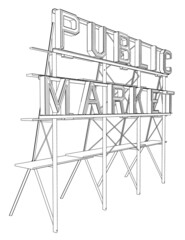 Contour of an advertising rack with the words public market from black lines isolated on a white background. Side view. Vector illustration