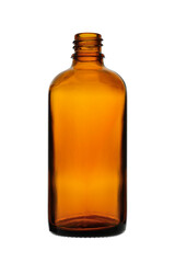 An empty medical bottle made of brown glass for medicines. Isolated on a white background.