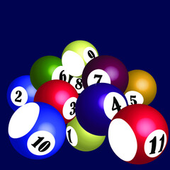 
vector illustration with a three-dimensional image of billiard balls for playing billiards on a dark blue background for the interior decoration of gaming halls, bars, pubs and logo design