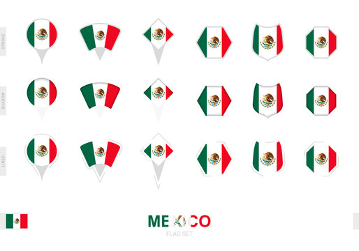 Collection of the Mexico flag in different shapes and with three different effects.