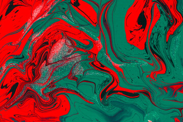 Red green acrylic fluid art abstract creative Christmas background. Artistic bright futuristic background. Dynamic lines, movement, splash contrast. Design of holiday cards. Fashionable marble texture