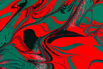 Red green acrylic fluid art abstract creative Christmas background. Artistic bright futuristic background. Dynamic lines, movement, splash contrast. Design of holiday cards. Fashionable marble texture