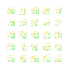 Food supplements gradient linear vector icons set. Source of vitamins and nutrients. Supplements for healthy life. Thin line contour symbols bundle. Isolated outline illustrations collection