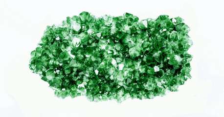 Green crystalline mineral stone. Gems. Mineral crystals in the natural environment. The texture of precious and semiprecious stones. Isolated on white background colored shiny gemstone surface.