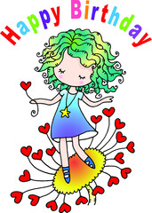 vector Girl with curly hair stand on a big flowers  happy birthday card