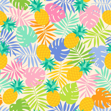 Colorful tropical leaf and pineapple seamless pattern background.