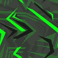 Abstract seamless chaotic pattern with lightning, checkers square taxi, line shape. Black background for a boy. Creative modern wallpaper in bright neon colors. Seamless green pattern for sportswear	