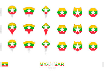 Collection of the Myanmar flag in different shapes and with three different effects.