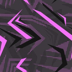 Abstract seamless chaotic pattern with lightning, checkers square taxi, line shape. Black background for a boy. Creative modern wallpaper in bright neon colors. Seamless pink pattern for sportswear	