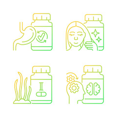 Food supplements gradient linear vector icons set. Hair and nails treatment products. Medicine for better mental work. Thin line contour symbols bundle. Isolated outline illustrations collection