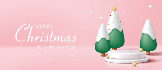 white pedestal or podium with pine trees, snow and pearls on pink background.  Christmas concept. Vector illustration for product demonstration, banner, poster, flyer, advertisement.