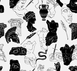 Vector seamless pattern with antique marble statues with broken elements. Greek classic ancient of Venus, amphora. Hand drawn mythical trendy vector © merfin