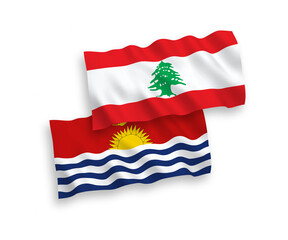 National vector fabric wave flags of Republic of Kiribati and Lebanon isolated on white background. 1 to 2 proportion.