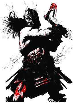 A furious Viking berserker with a two-handed axe, brandishing a weapon, runs into battle, she screams, he has black hair and beard, muscular body, on a white background 2d blob comic art