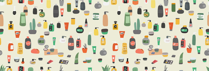 Vector seamless pattern with natural organic cosmetics products in bottles, jars, tubes for skin in trendy hand drawn style. Skincare routine. Cartoon vector